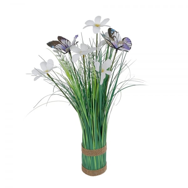 Kunstgras-Bündel mit Schmetterlingen und Blumen in Rosa, 35 cm.