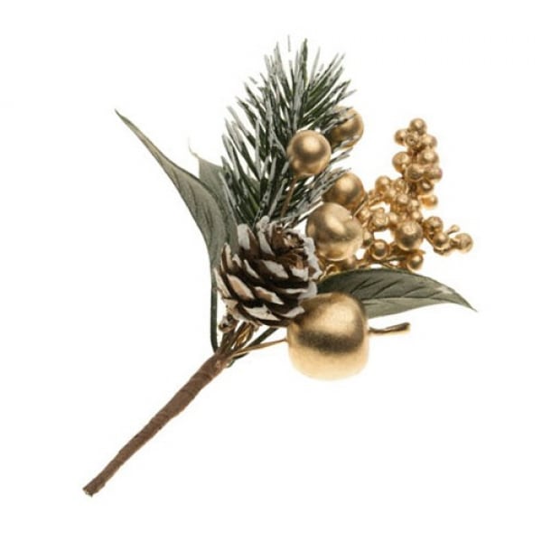 Kunstblume Weihnachts-Pick mit Beeren und Apfel in Gold, 13 cm.
