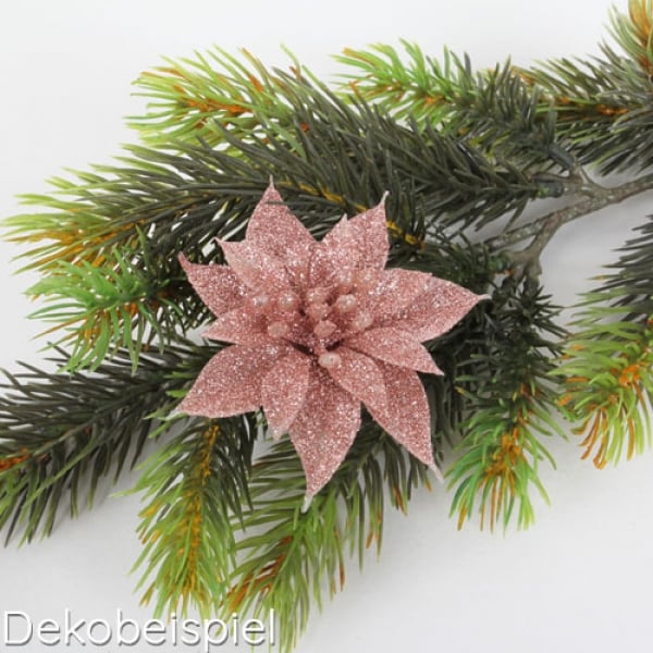 Kunstblume kleiner Weihnachtsstern mit Clip in Rosé glitzernd, 80 mm.