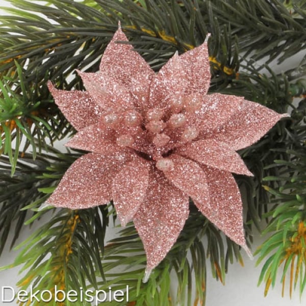 Kunstblume kleiner Weihnachtsstern mit Clip in Rosé glitzernd, 80 mm.