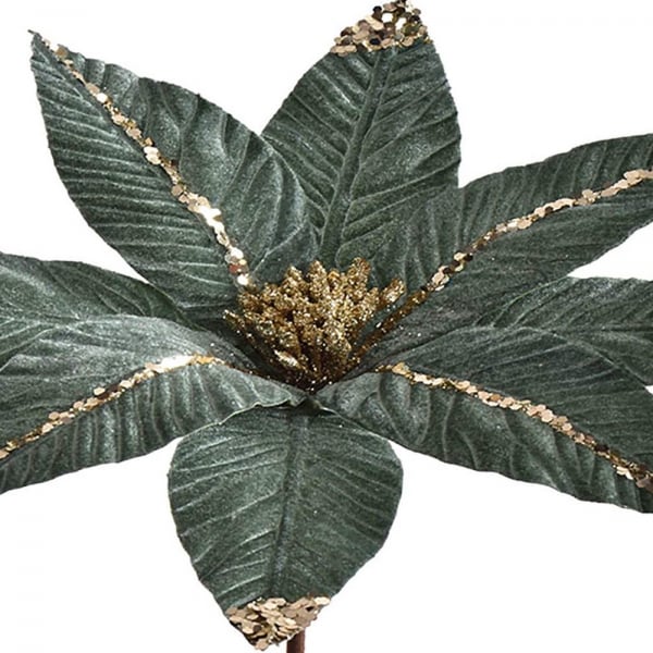 Nahaufnahme von der Kunstblume Weihnachtsstern mit großer, samtiger Blüte in Salbei, 56 cm.