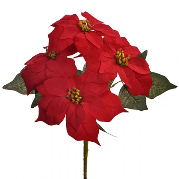 Kunstblume Großer Weihnachtsstern Strauss mit samtiger Oberfläche in Rot, 44 cm.