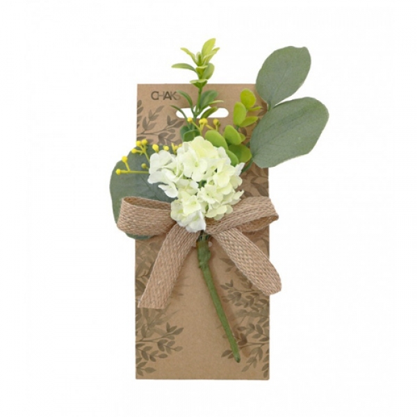 Blumenpick mit Eukalyptus, Juteschleife in Weiß/Grün, 21 cm,