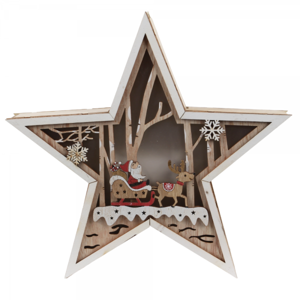 Deko Holz Stern mit LED Beleuchtung, Weihnachtsmann-Motiv, 26 cm.