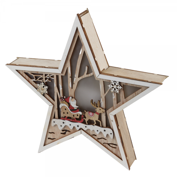 Deko Holz Stern mit LED Beleuchtung, Weihnachtsmann-Motiv, 26 cm.