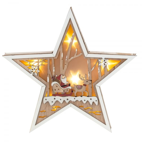 Deko Holz Stern mit LED Beleuchtung, Weihnachtsmann-Motiv, 26 cm.