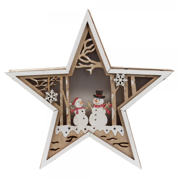 Deko Holz Stern mit LED Beleuchtung, Schneemann-Motiv, 26 cm.