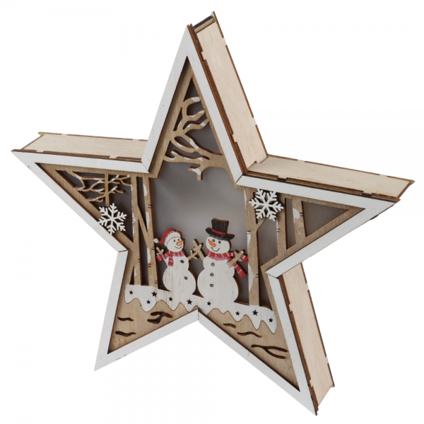 Deko Holz Stern mit LED Beleuchtung, Schneemann-Motiv, 26 cm.