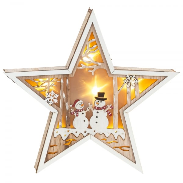 Deko Holz Stern mit LED Beleuchtung, Schneemann-Motiv, 26 cm.