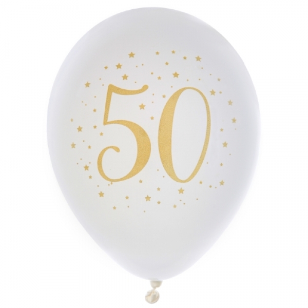 8er Pack Luftballons Geburtstag -50- in Weiß/Gold.