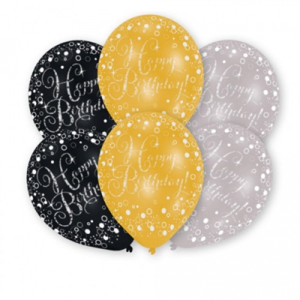 6er Pack Luftballons Schriftzug Happy Birthday in Gold, Silber, Schwarz, Schriftzug in Weiß.