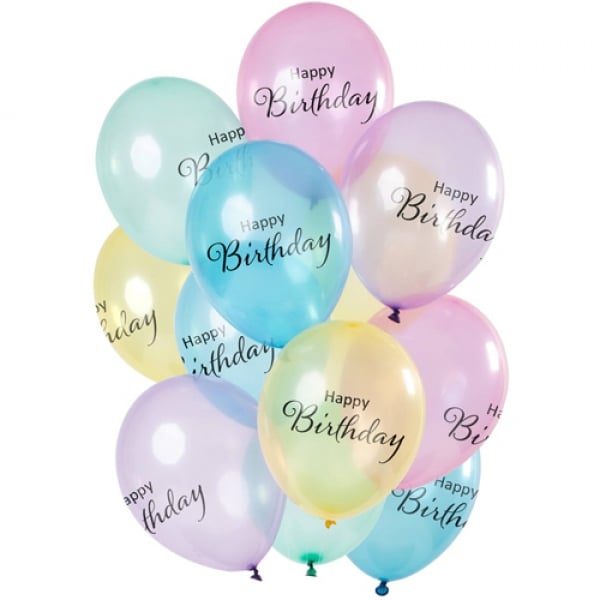 12er Pack Luftballons Geburtstag -Happy Birthday- in Pastellfarben