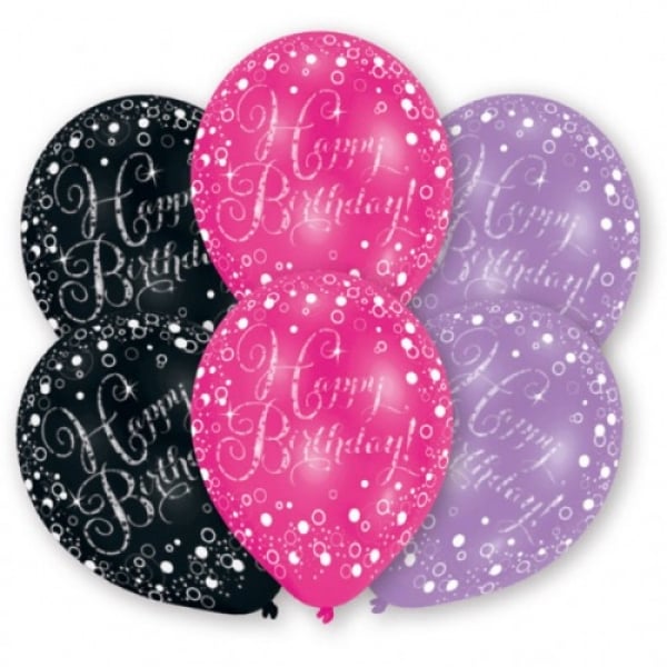 6er Pack Luftballons Happy Birthday Pink/Lila/Schwarz metallic.