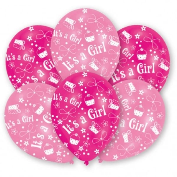 6 Luftballons Taufe, Baby -It's a Girl- in Rosa/Pink.