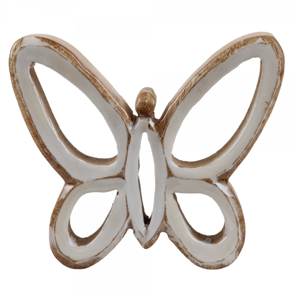 Dekofigur Schmetterling aus Mangoholz in Weiß/Braun, 14,5 cm.