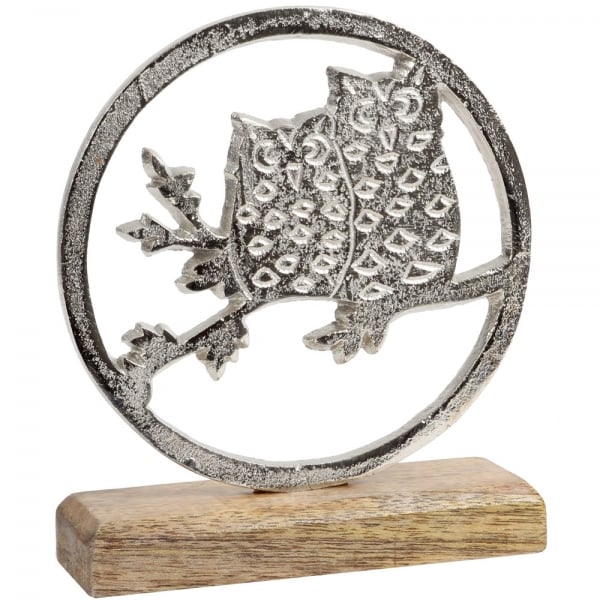 Metall Eulen auf Holzsockel, 18 cm.