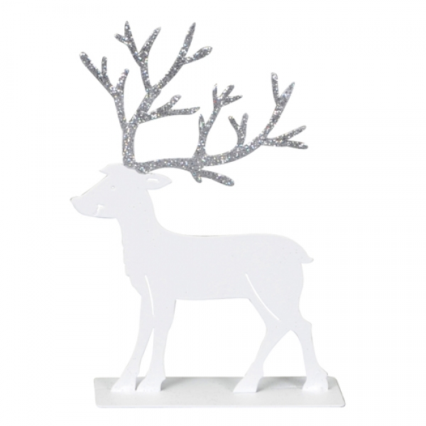 Dekofigur Metall Hirsch, stehend in Weiß mit Geweih in Silber glitzernd, 18 cm.