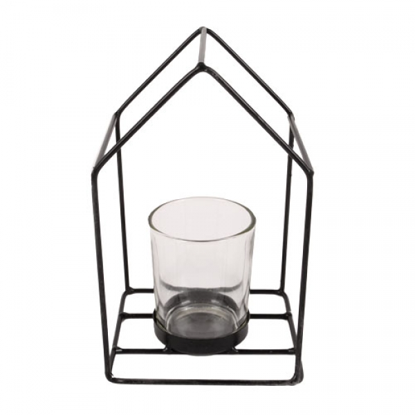 Metallgestell Haus in Schwarz mit Teelichtglas, klar, 16 cm.