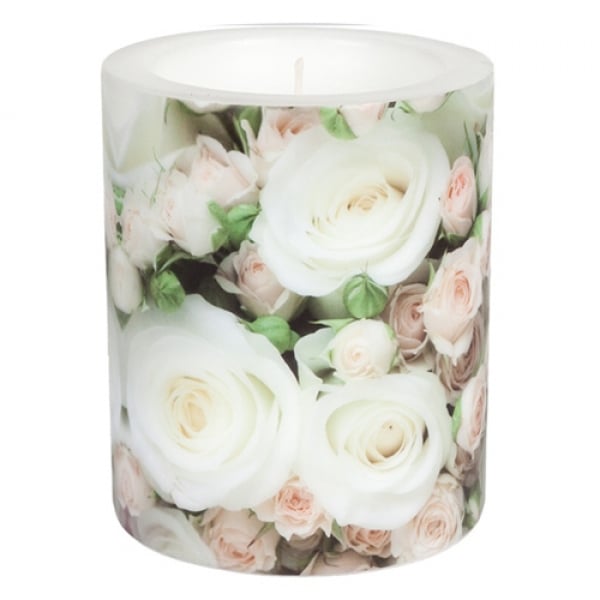 Große Lampion Stumpenkerze Hochzeit, Romantische Rosen in Weiß, 12 cm.