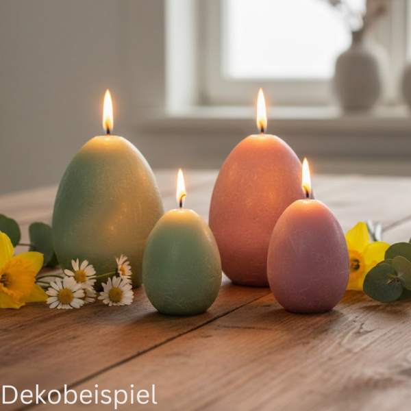 Dekobeispiel mit den Ostereier Kerzen Rustic matt in Zartgrün und Altrosa.