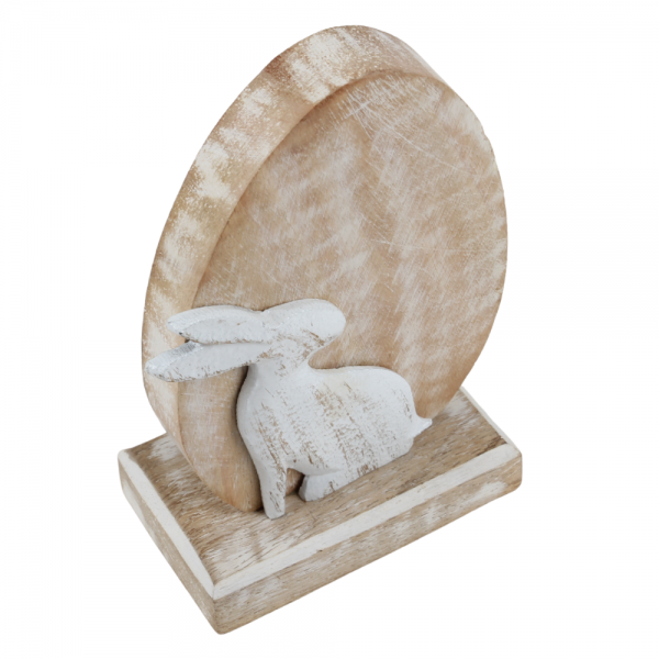 Mangoholz Osterei mit Hase, in Hellbraun/Weiß, 13,5 cm.
