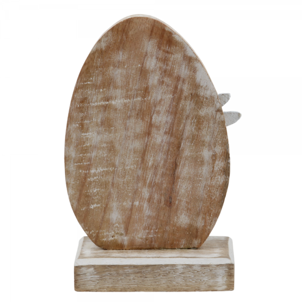 Mangoholz Osterei mit Hase, in Hellbraun/Weiß, 13,5 cm.