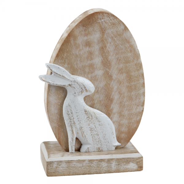 Mangoholz Osterei mit Hase, in Hellbraun/Weiß, 13,5 cm.