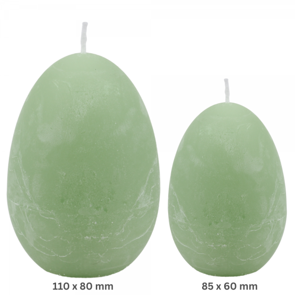 Ostereier Kerze Rustic matt in Zartgrün, durchgefärbt, 110 x 80 mm und 85 x 60 mm.