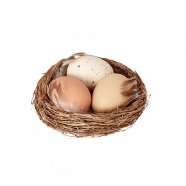 Kleines Osternest, Osterkörbchen aus Naturmaterial mit Eiern, 90 mm