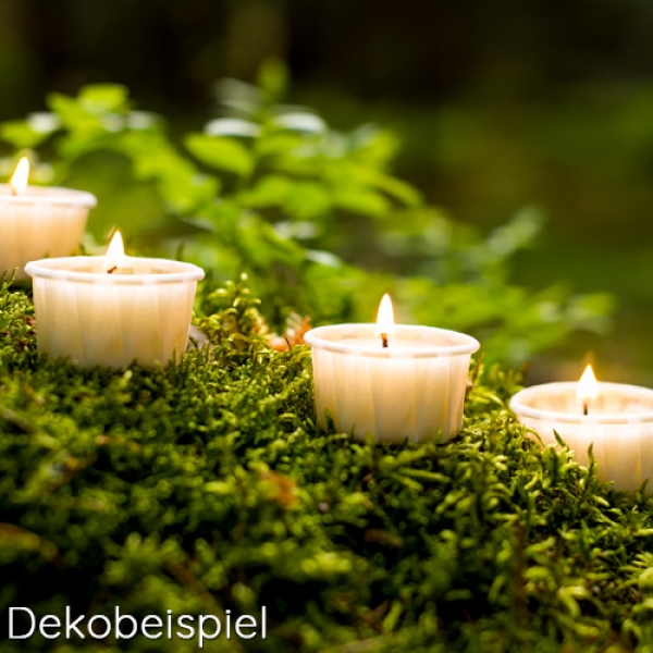 Stimmungsfoto für Teelicht mit feuerfester Papierhülle in Naturweiß.