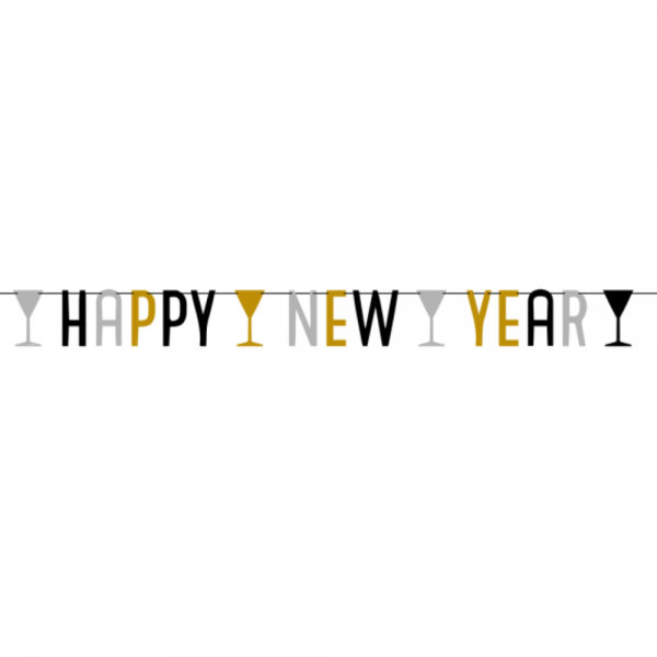 Partykette Silvester, Happy New Year in Schwarz, Silber, Gold.