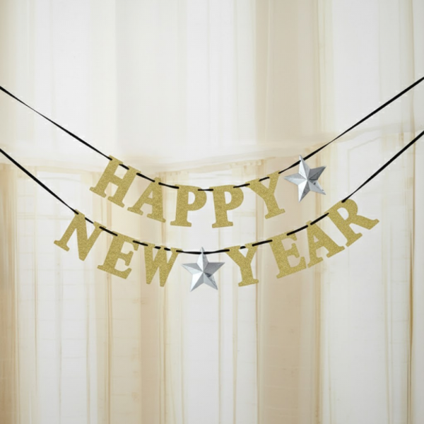 Partykette Silvester, Happy New Year in Schwarz, Silber, Gold.