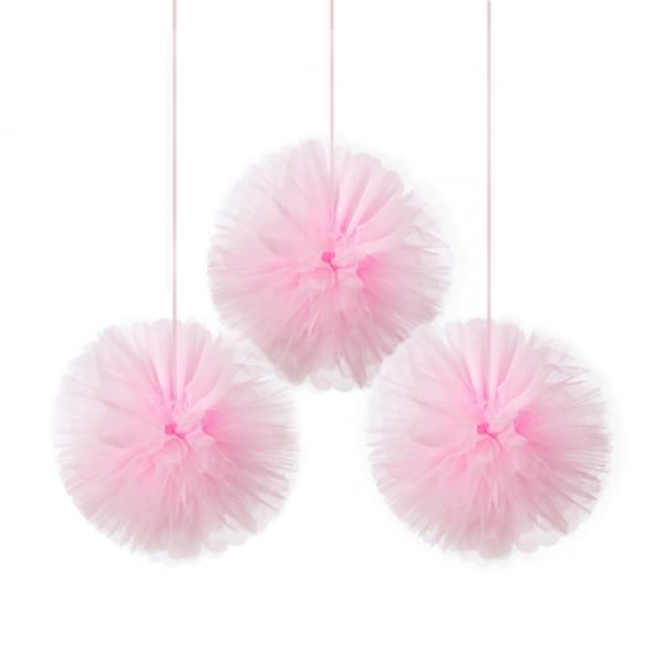 3 Tüll Pompons zur Raumdeko in Rosa, 30,4 cm.