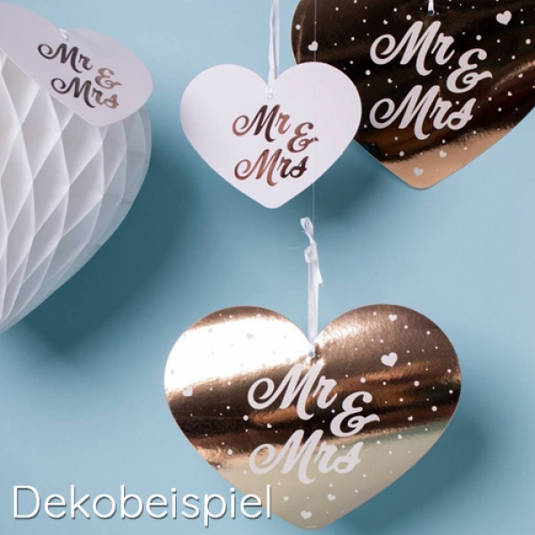 Deko Herzen zum Aufhängen, Hochzeit, -Mr & Mrs-, in Roségold/Weiß, 27 cm.