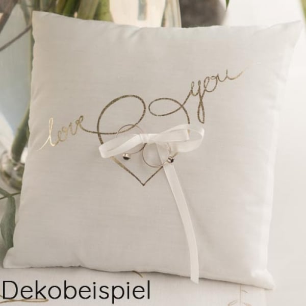 Hochzeit Ringkissen -Lov you- in Weiß mit goldener Schrift.