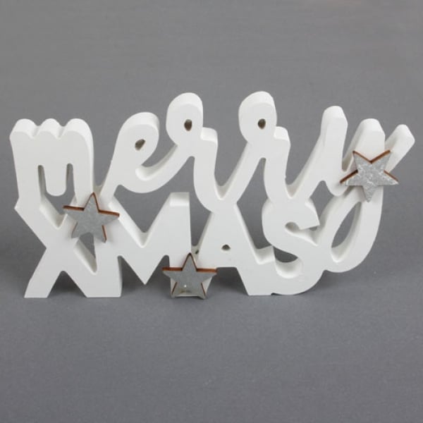 Holz Schriftzug Merry Xmas in Weiß/Grau-Silber, 25 cm.