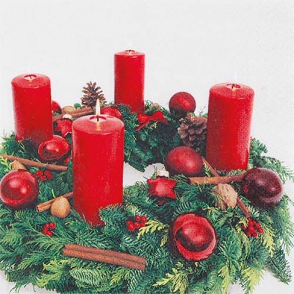 20er Pack Servietten Weihnachten, Adventskranz in Rot/Grün, 33 x 33 cm.