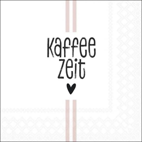 Weiße Zelltuchservietten mit schwarzem Kaffeezeit Schriftzug, kleinem Herz und dezenten rosa Streifen.