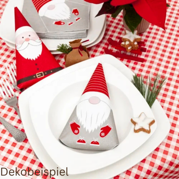 Dekobeispiel für die Servietten Weihnachtswichtel zum Falten, 33 x 33 cm.