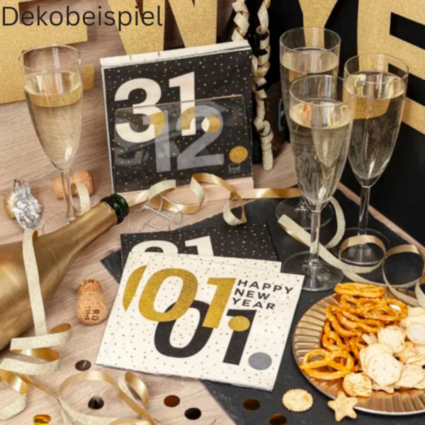 20er Pack Servietten Silvester, Neujahr, Zahlen in Schwarz/Gold, 33 x 33 cm.