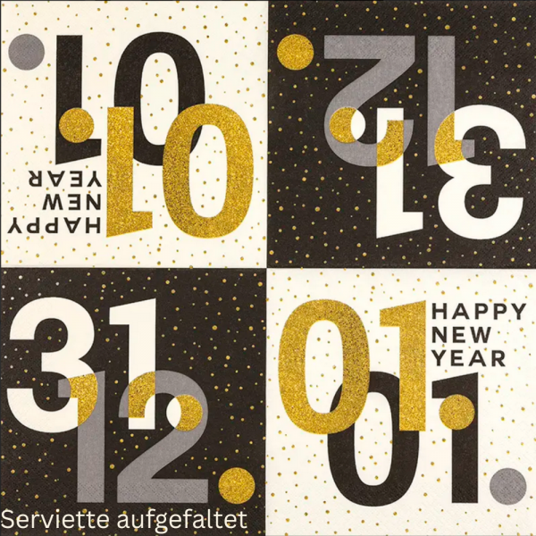 20er Pack Servietten Silvester, Neujahr, Zahlen in Schwarz/Gold, 33 x 33 cm.