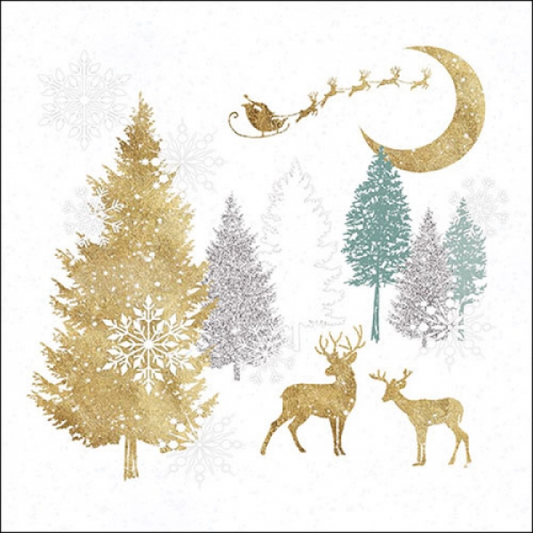 20er Pack Servietten Weihnachten, Winterwald in Gold/Silber, 33 x 33 cm.