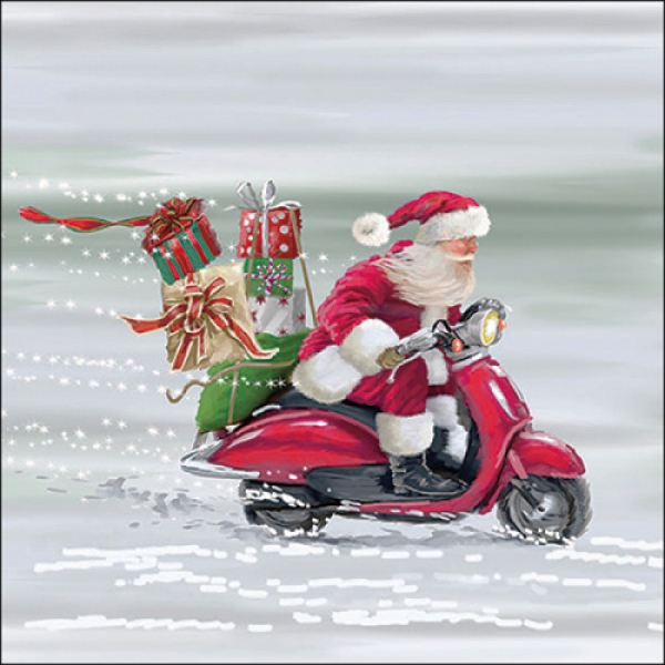 20er Pack Servietten Weihnachtsmann auf Roller, 33 x 33 cm.