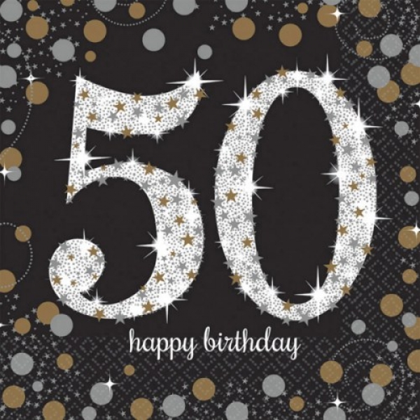 Servietten Funkelnde 50, Happy Birthday, schwarz, gold, silber, weiß.