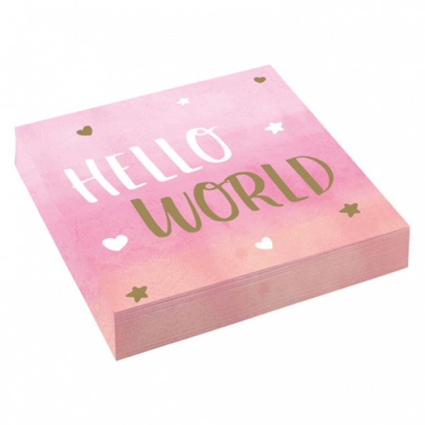 16er Pack Servietten Babyparty -Hello World- in Rosa, 33 x 33 cm.