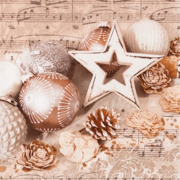 20er Pack Servietten Christbaumschmuck in Cappuccino, 33 x 33 cm.