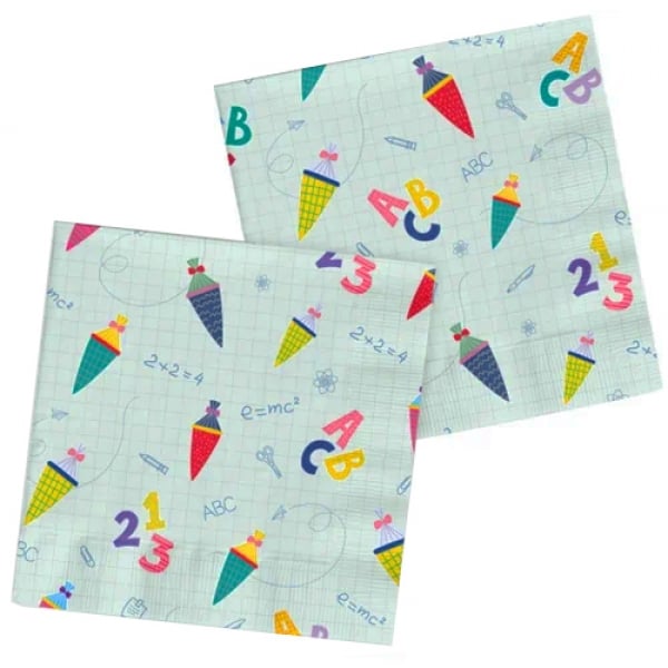 20er Pack Servietten Einschulung, ABC, 123, Schultüten 33 x 33 cm