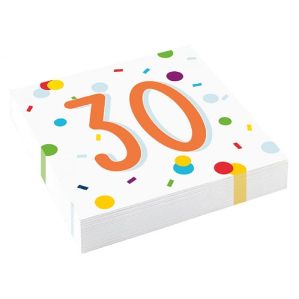 20er Pack Servietten 30. Geburtstag, bunt, 33 x 33 cm.