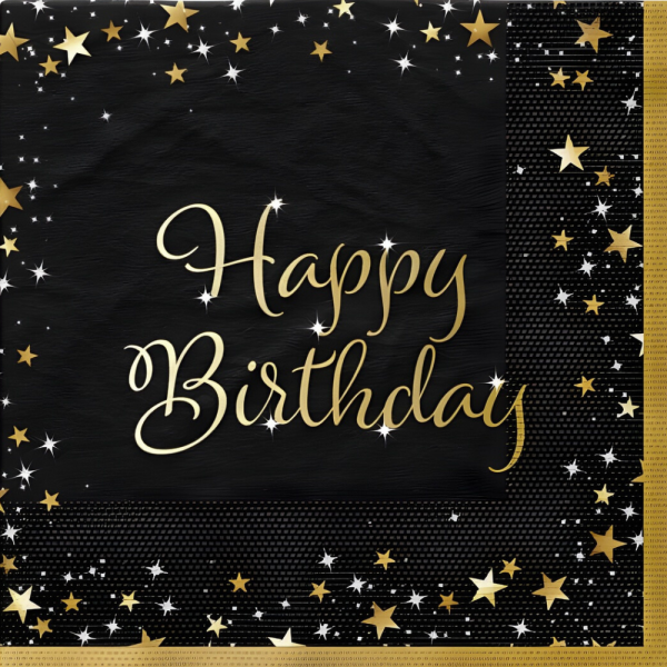 16er Pack Servietten Funkelnder Schriftzug Happy Birthday in Schwarz, Gold, Silber, Weiß.