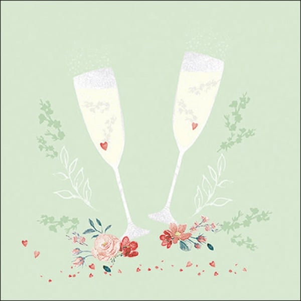 20er Pack Servietten Hochzeit, Champagnergläser, in Mintgrün, 33 x 33 cm.